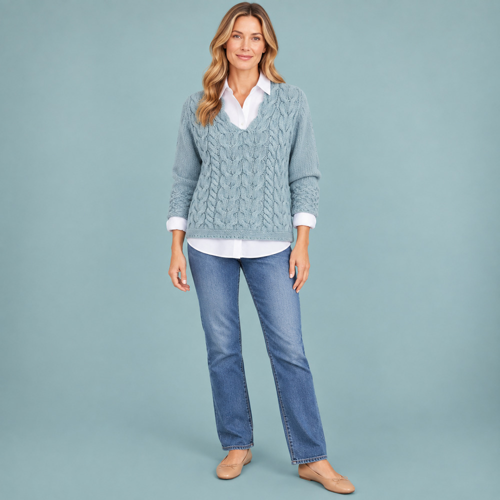 Irelands Eye Medium M Light Blue Solid Cable Knit V-Neck Wool Cashmere Sweater